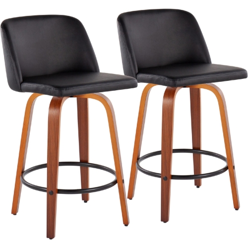 Toriano 26" Counter Stool in Black Leatherette, Walnut Finish & Black (Set of 2)